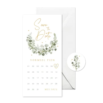 Save the date vormsel eucalyptus stijlvol hartjes klassiek